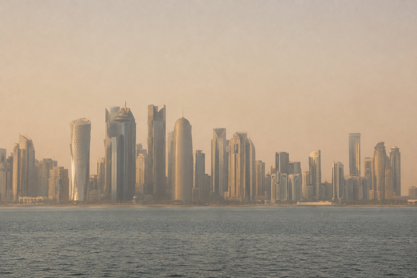 The West Bay skyline of Doha seen across the bay in morning haze