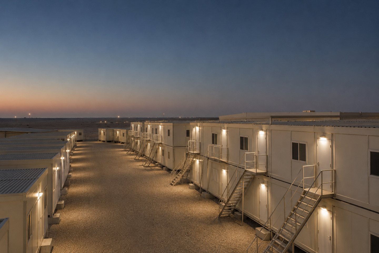 A remote-site workers accommodation camp at dusk with exterior lighting on