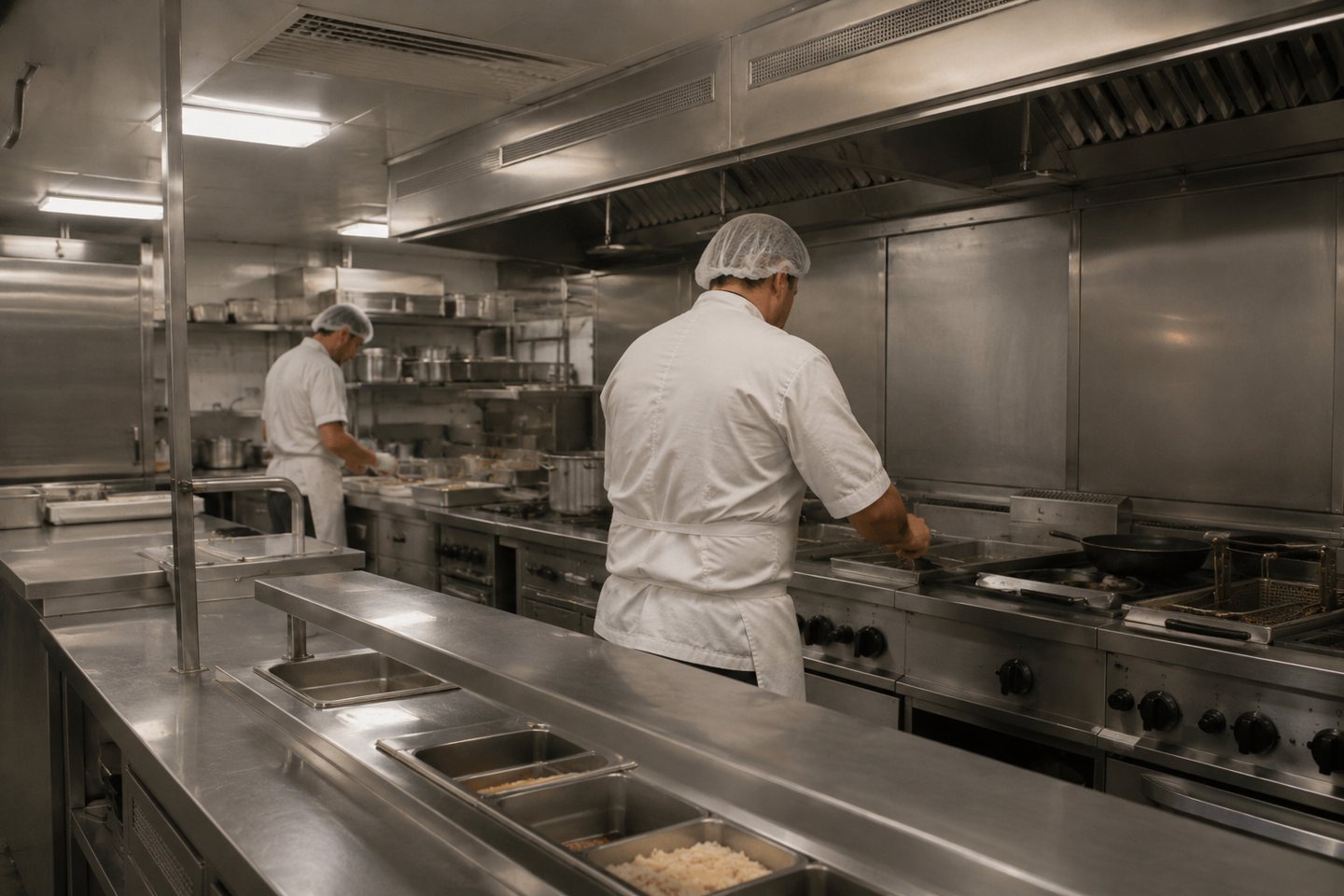Two chefs in whites and hairnets working at the pass in a stainless-steel galley kitchen
