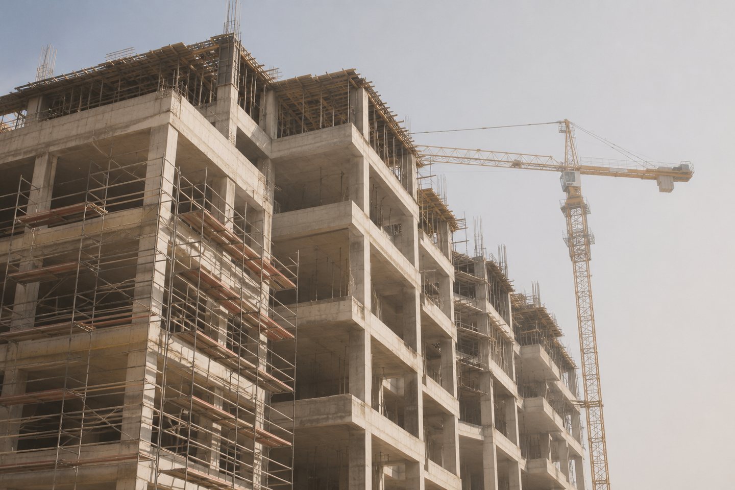 A reinforced concrete building under construction with scaffolding and a tower crane