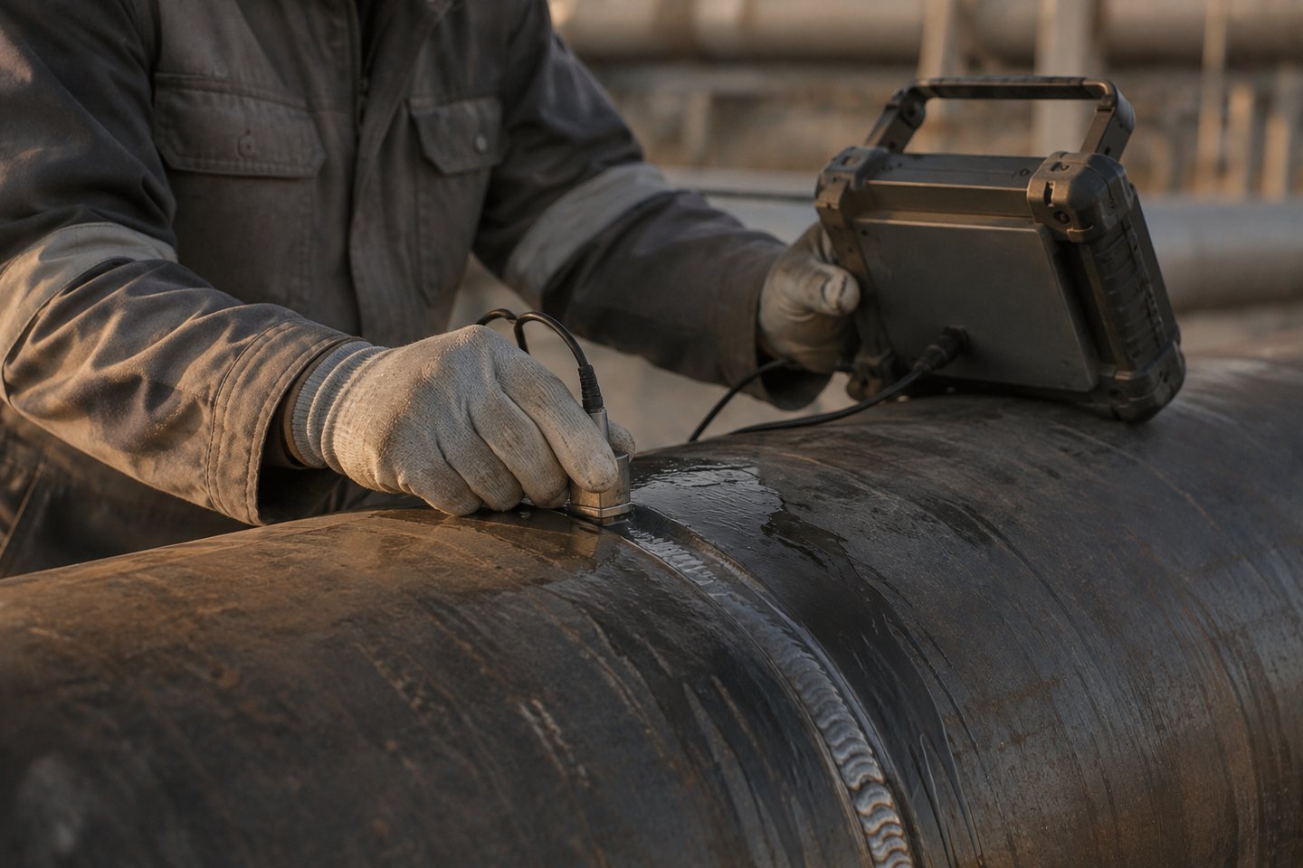 A gloved technician placing an ultrasonic probe on a pipe weld beside a handheld flaw detector