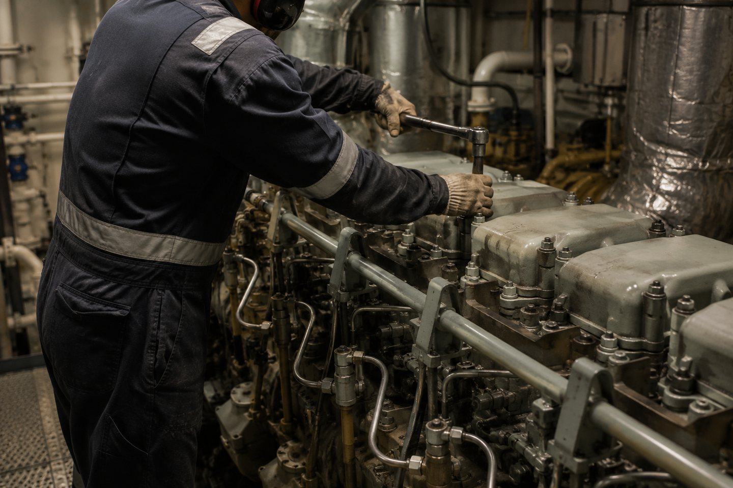 An engineer in coveralls working on a marine diesel engine in a vessel engine room