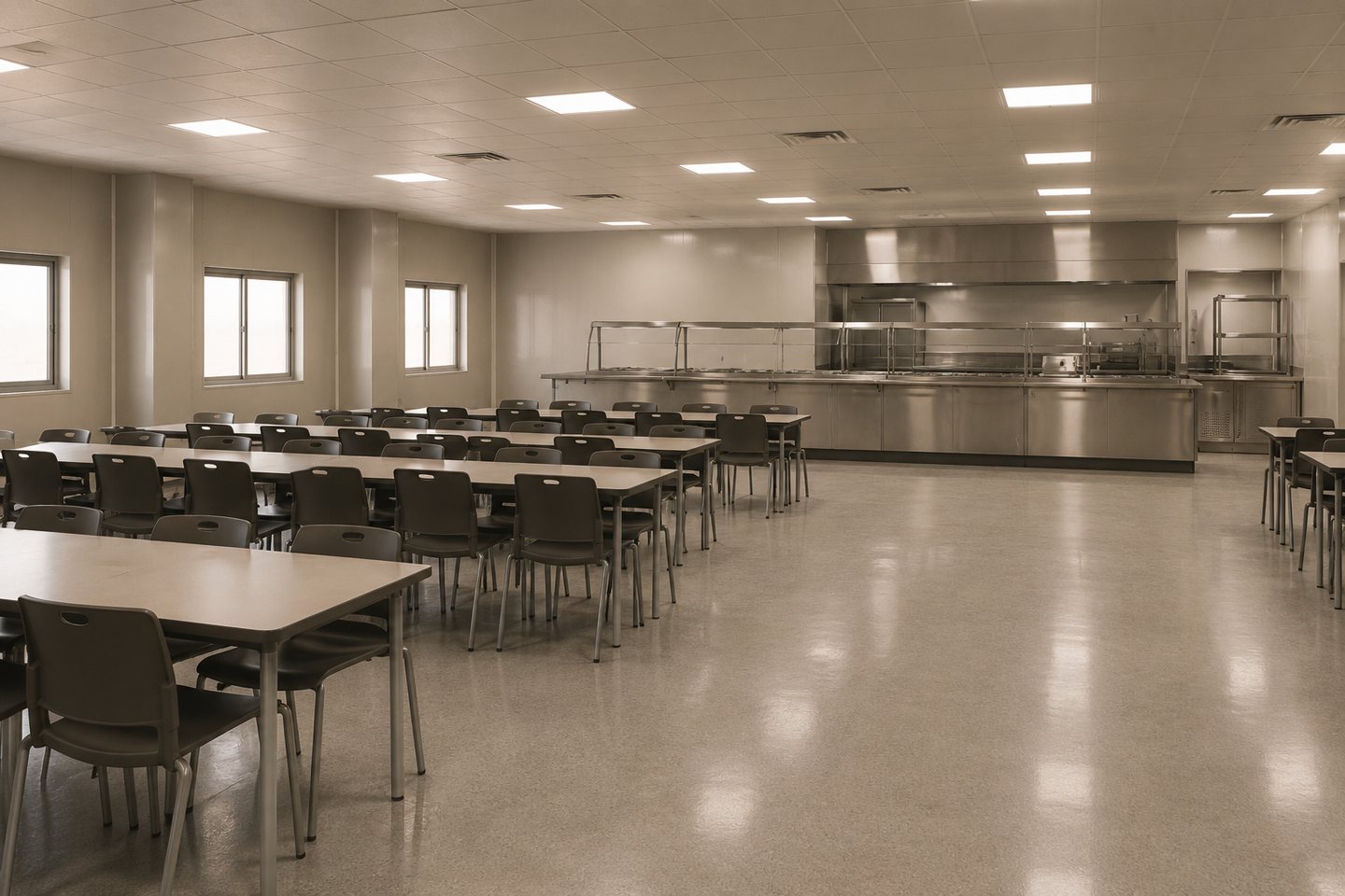 An empty industrial mess hall with a stainless-steel serving counter