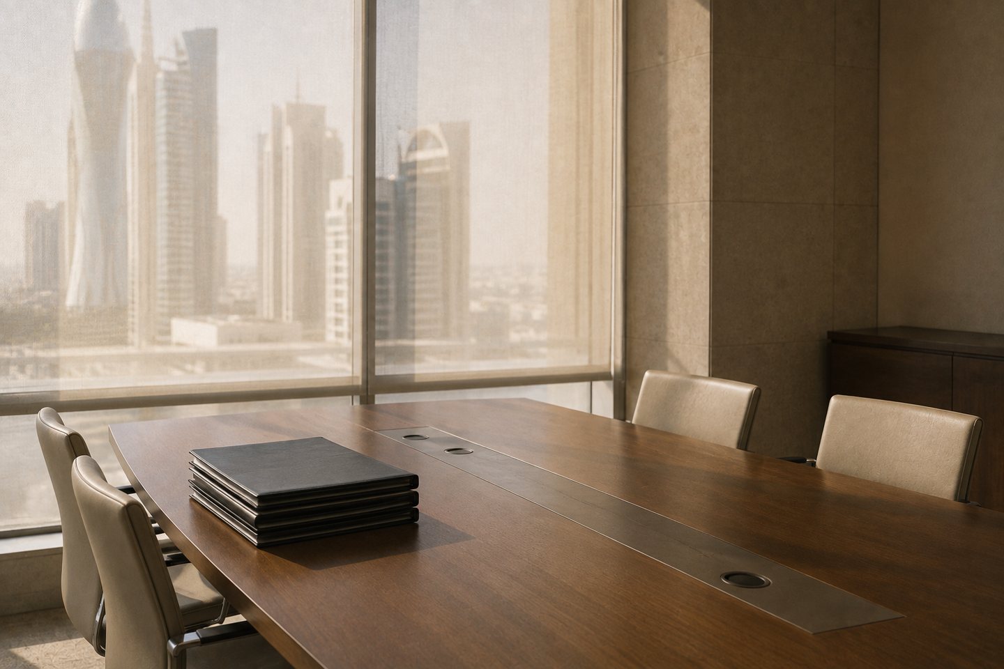 An empty boardroom table with closed document folders, Doha towers beyond the window